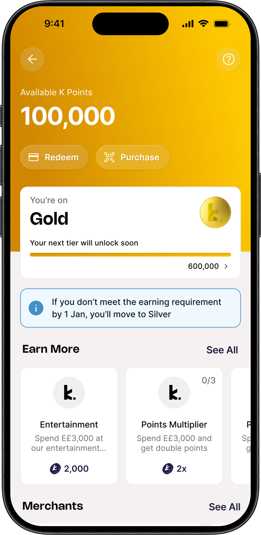 K-Points loyalty hub — balance as hero, tier card, Earn More challenges
