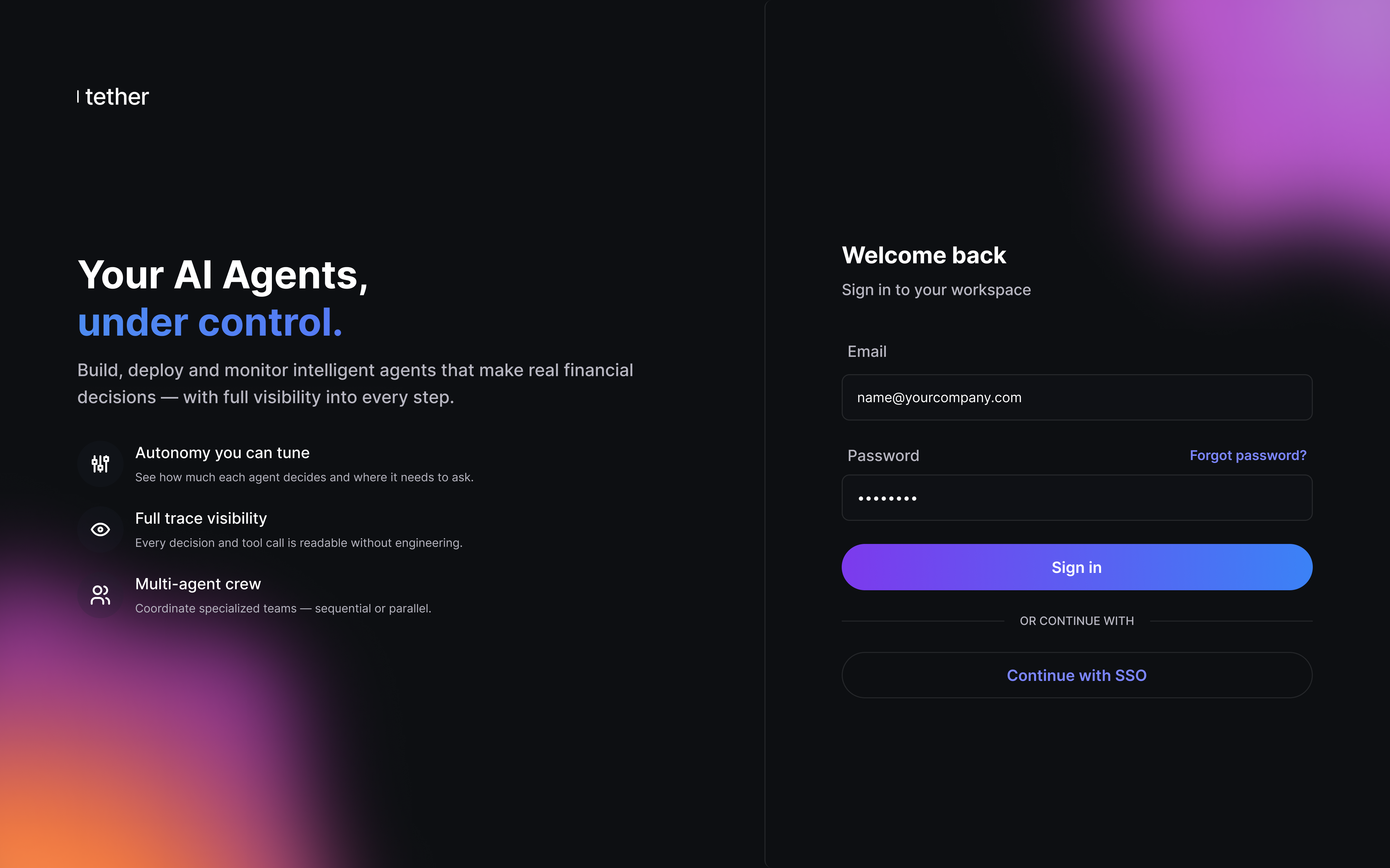 Tether sign-in screen showing split layout with product value propositions on the left and sign-in form on the right