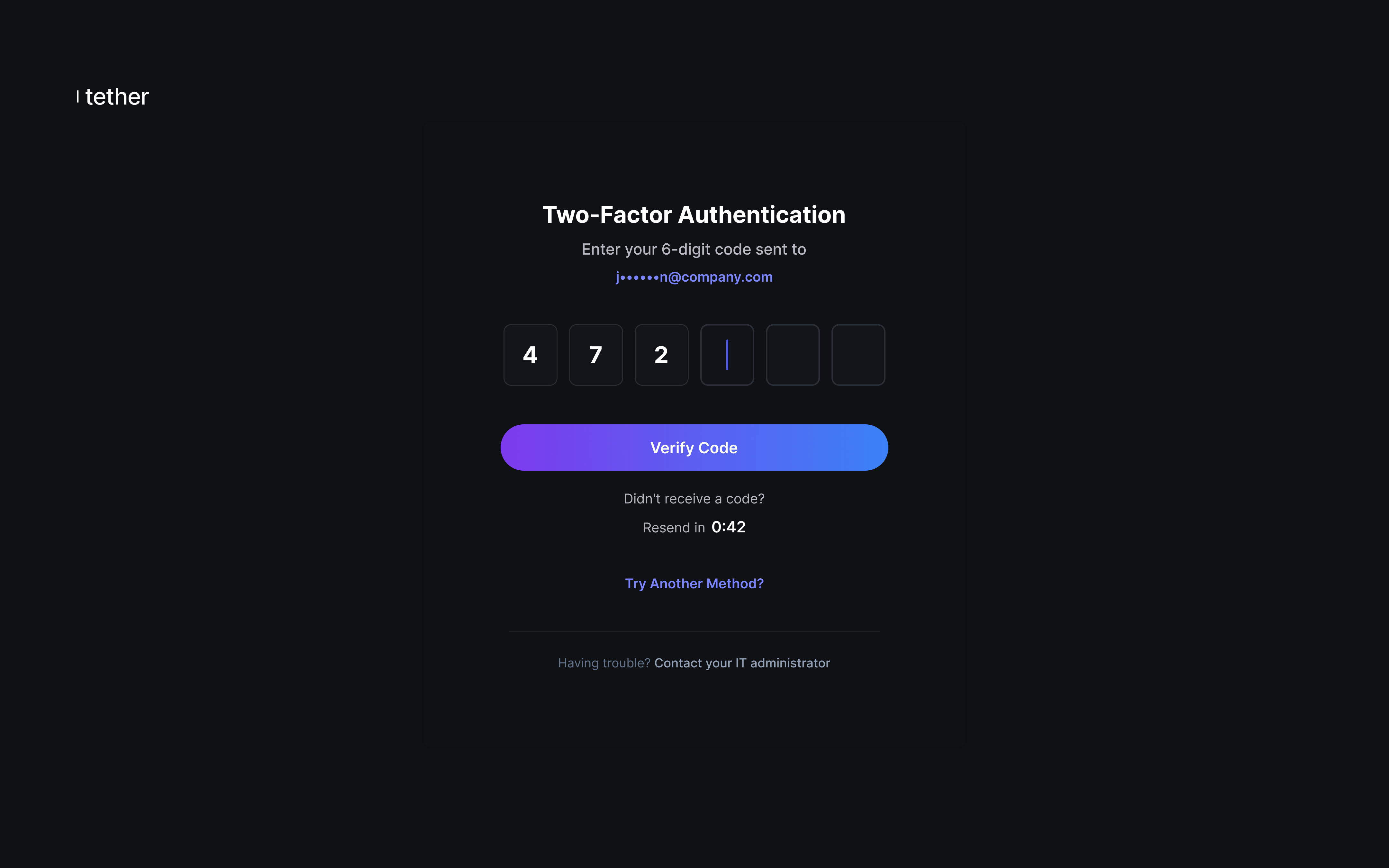 Two-factor authentication screen showing centered 6-digit code entry with resend countdown and IT administrator contact