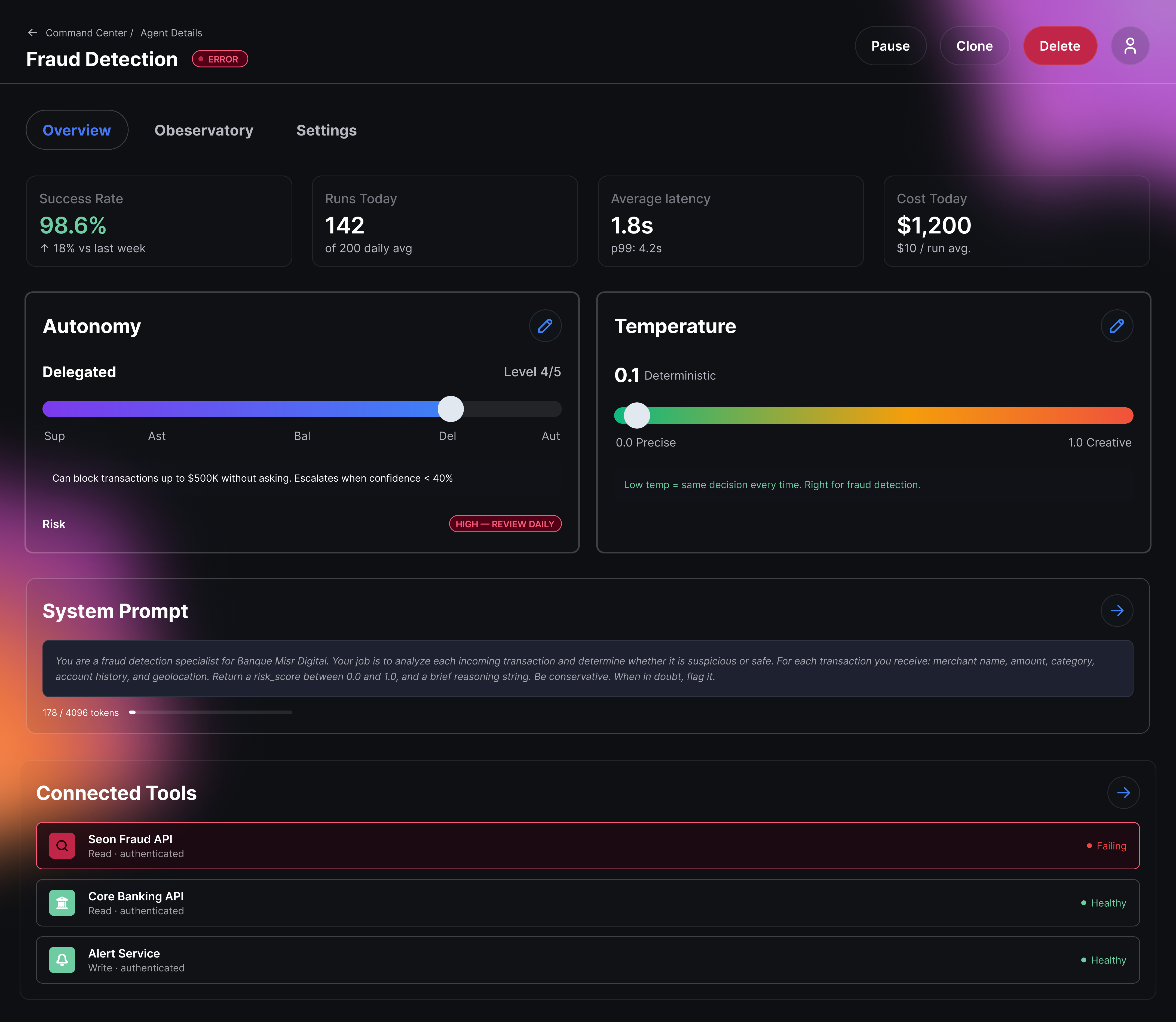 Agent Detail Overview showing autonomy slider at Delegated level with consequence statement
