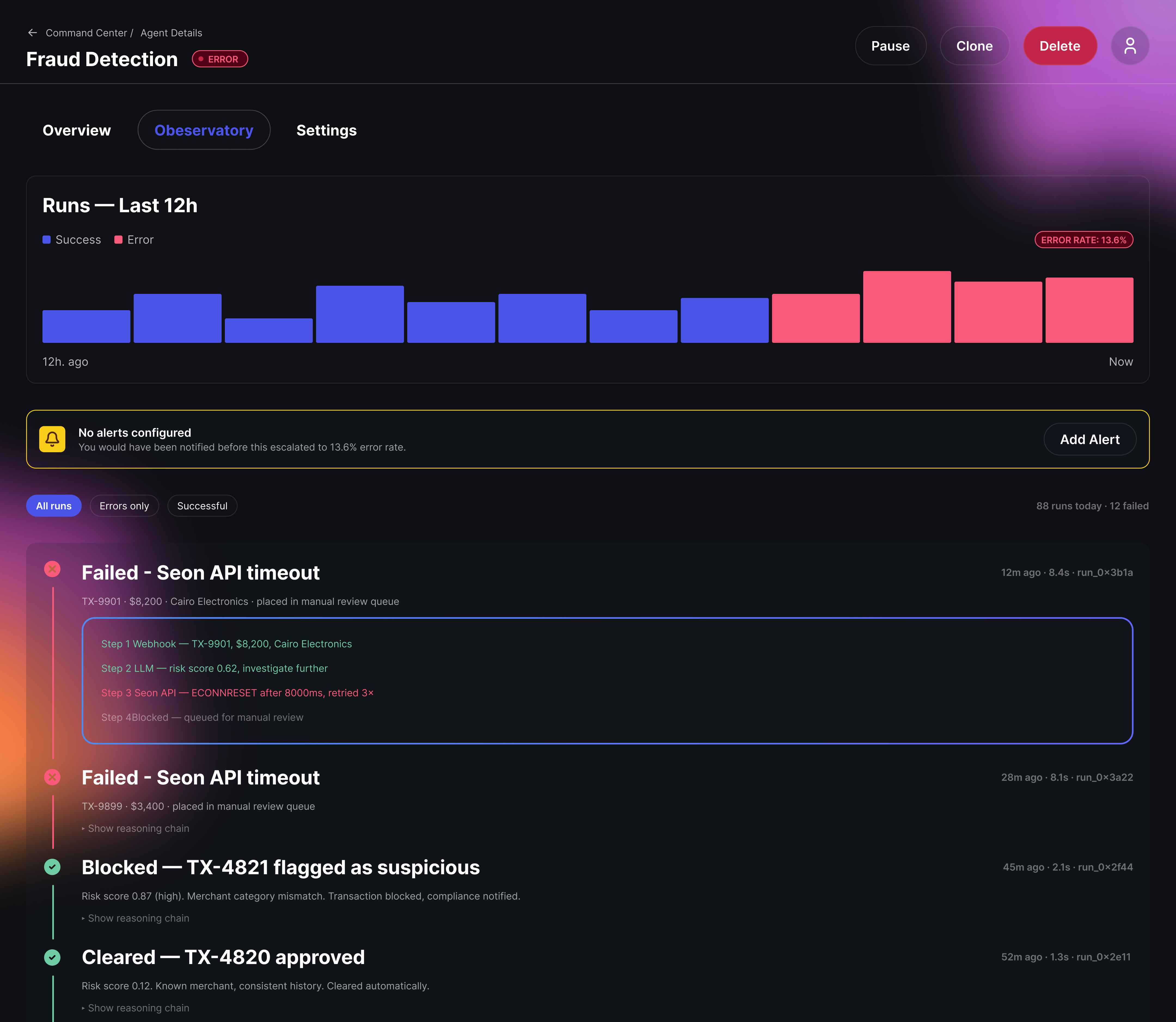 Agent Detail Observatory showing 12-hour run chart, counterfactual alert nudge, and narrative trace log