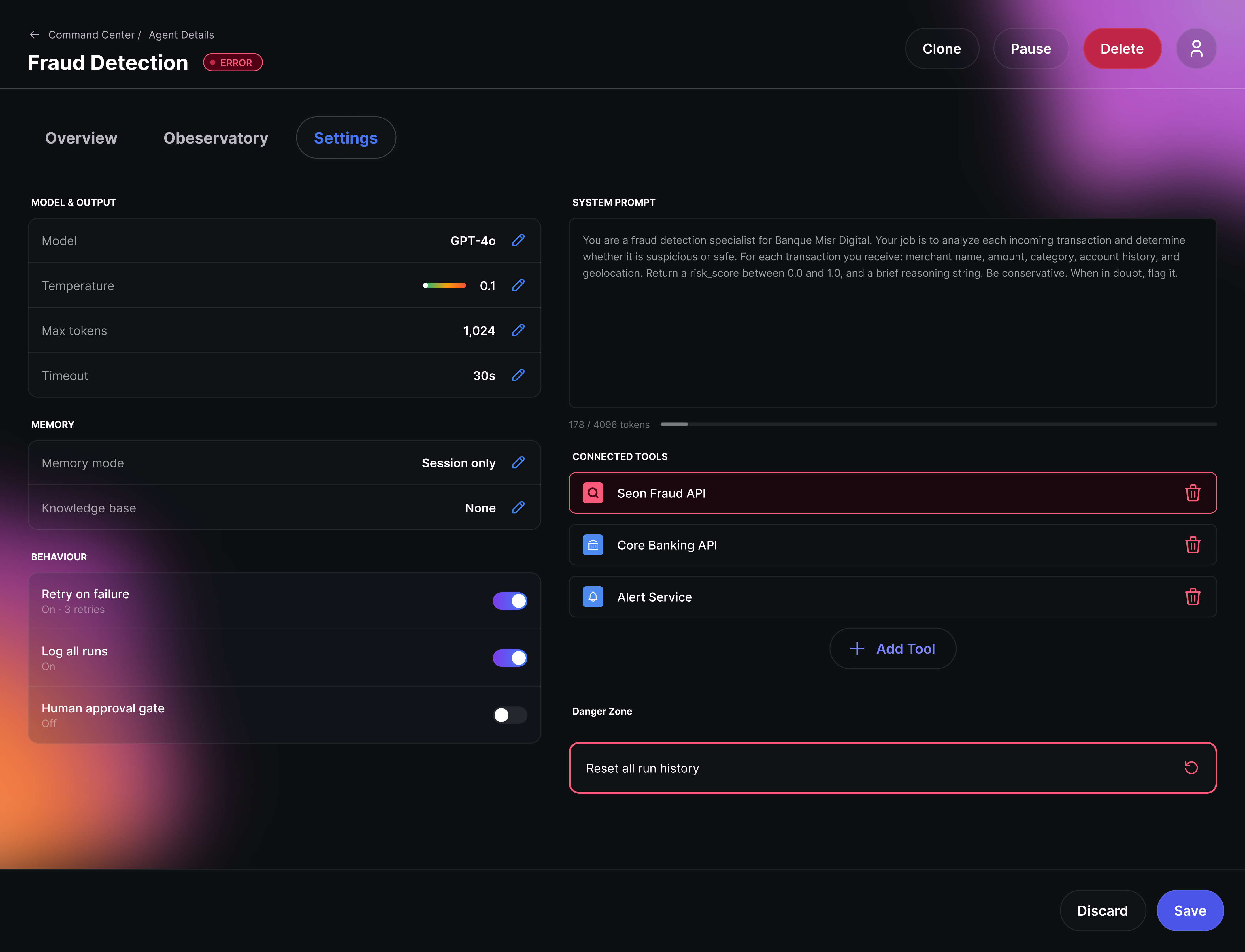 Agent Detail Settings showing model config, human approval gate toggle, and Danger Zone physically isolated on the right column
